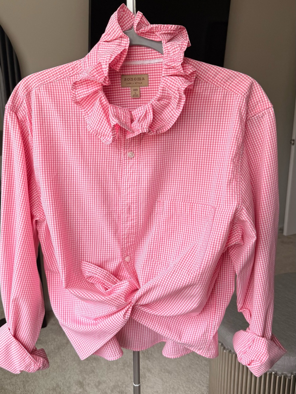 Reloved Upcycled Ruffle Collar Button Down Shirt best gift for Memorial’s Day